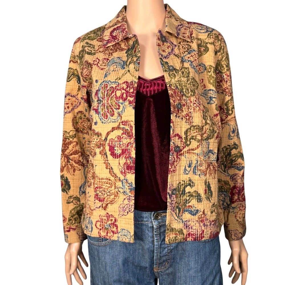 Coldwater Creek Womens Petite Small PS Floral Paisley Quilted Cotton Jacket Tan